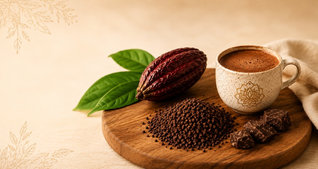Cacao Arwa: mazorca, nibs, chocolate y taza de cacao caliente