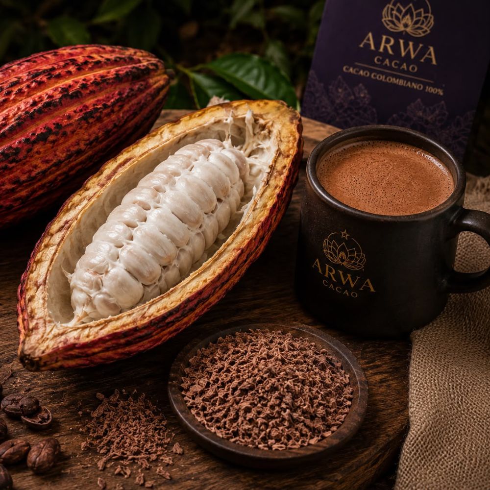 Caja ARWA CACAO y granos de cacao