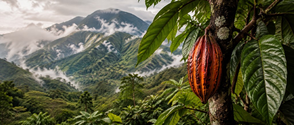 Cacao colombiano en plantación entre montañas